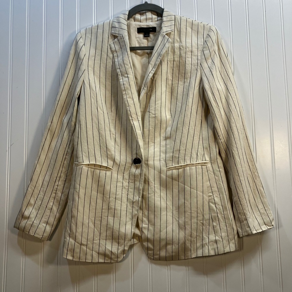 Ann Taylor Womens Size 4 Linen Blend Pinstripe Single Button Blazer Cream Black